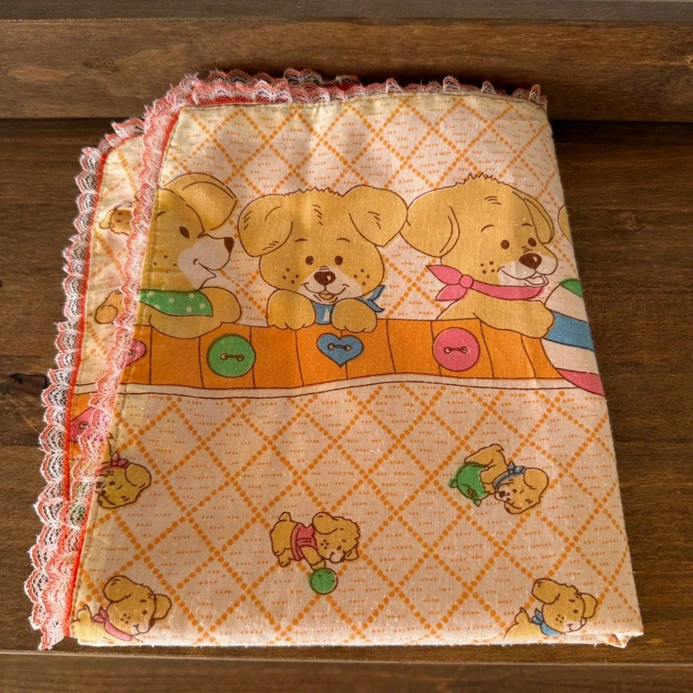 Vintage Puppy Dog Nursery Receiving Blanket Orange Lace Trim Retro 35x40